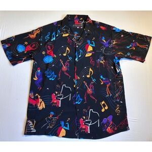 Via Ripatti Men's L Casual Button Up Shirt Jazz Music Graphic Black Multicolor